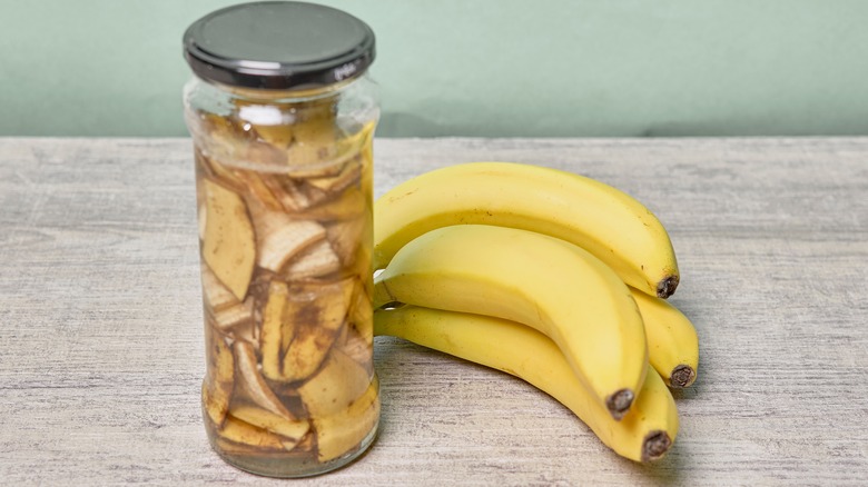 Banana peel pieces in a jar in water