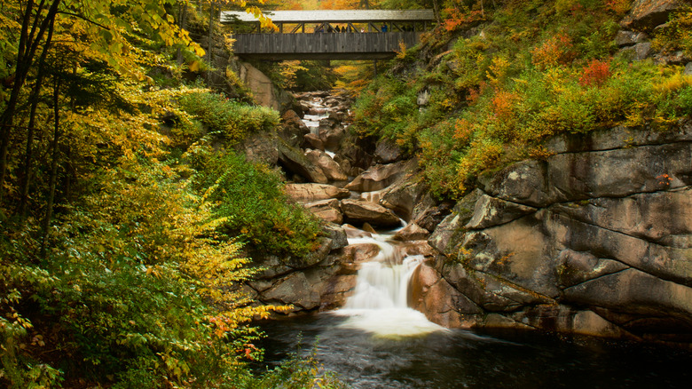 Flume Gorge in the fall, surrounded by autumn foliage