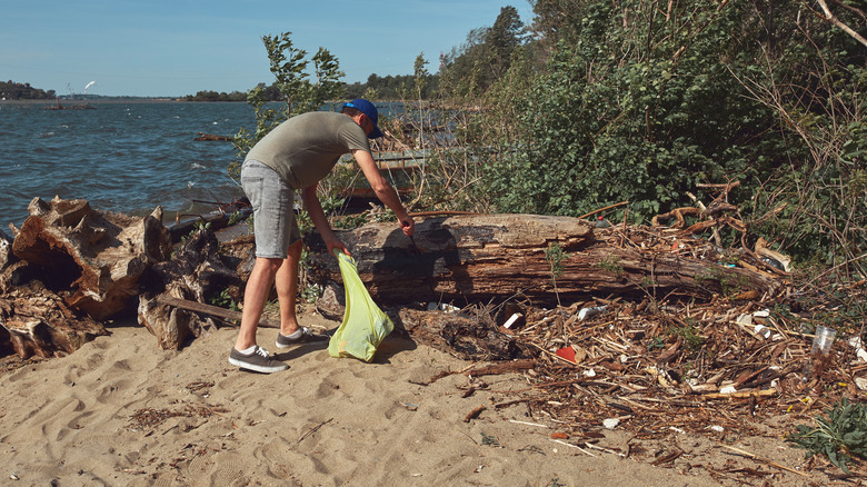 Man cleaning up trash near beach