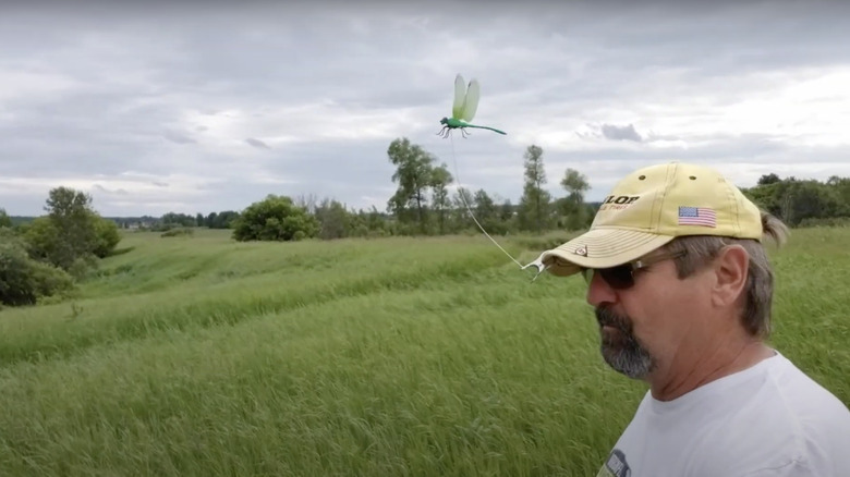 Man with dragonfly Wingman clipped to hat