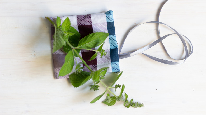 A mint sprig and a sachet bag