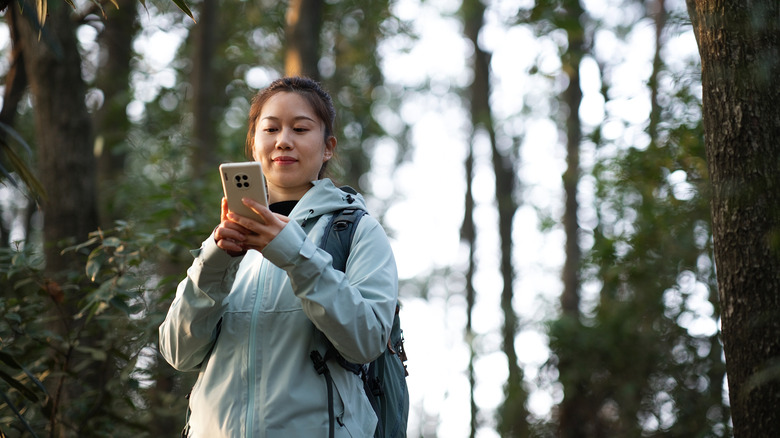 Woman on her phone in the forest