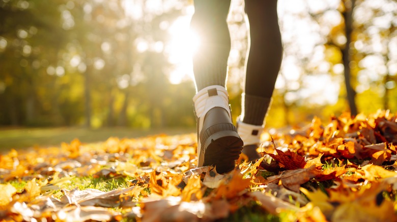 Pair of feet walking through autumn leaves