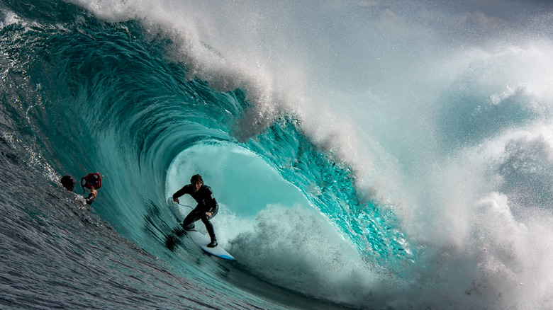 Surfer inside barrel wave at Shipstern Bluff 