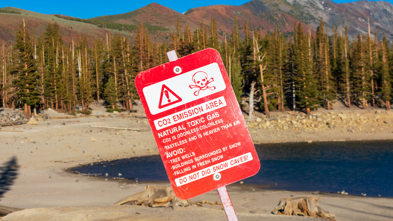 Carbon dioxide emissions danger sign at Horseshoe Lake in California