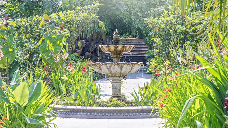 Fountain in a blossoming green garden