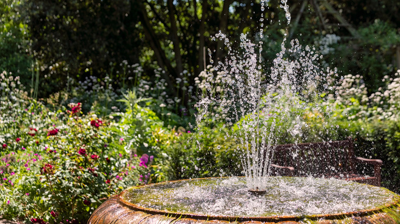 Garden fountain with greenery and flowers behind it