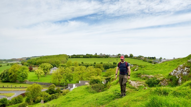 A man descending a verdant hill on a hiking trail in Killarney National Park