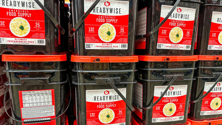 Costco emergency food kits stacked on shelves