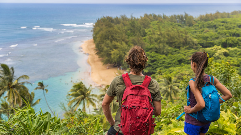 Two hikers standing on Kalalau Trail, looking at shoreline in distance