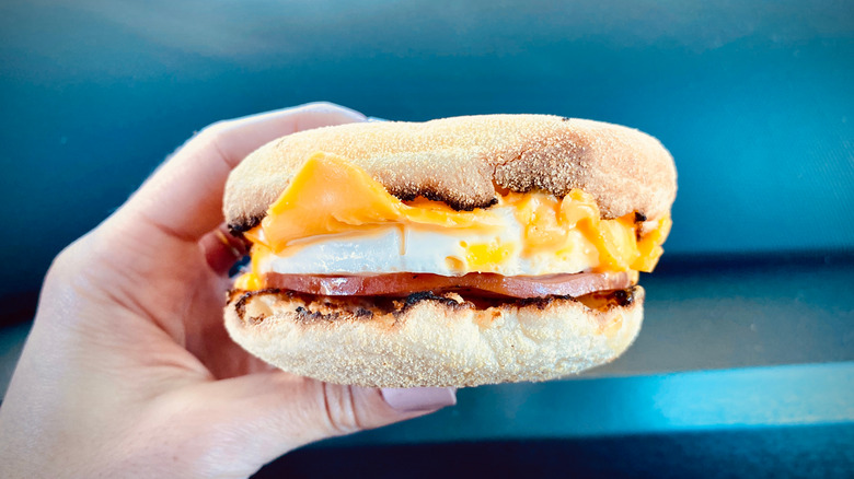 Closeup on English muffin egg sandwich