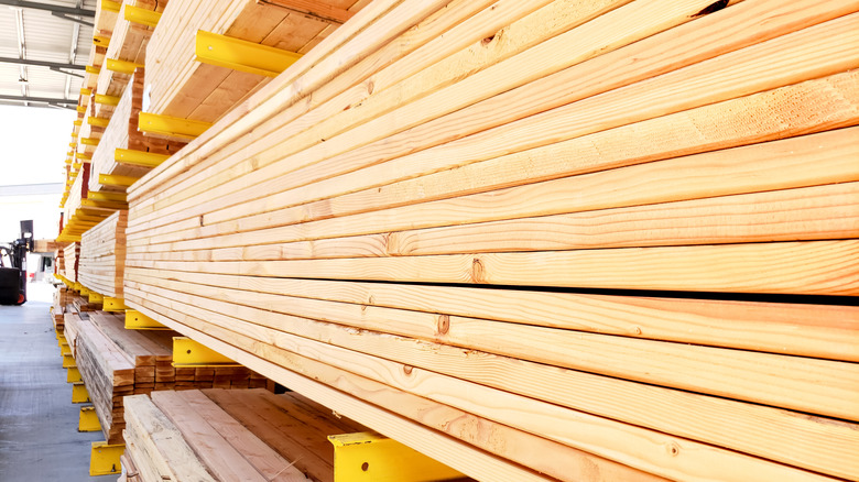 Pressure-treated lumber in a warehouse 
