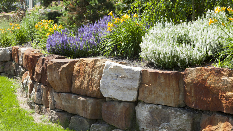 Stone retaining wall surrounding garden