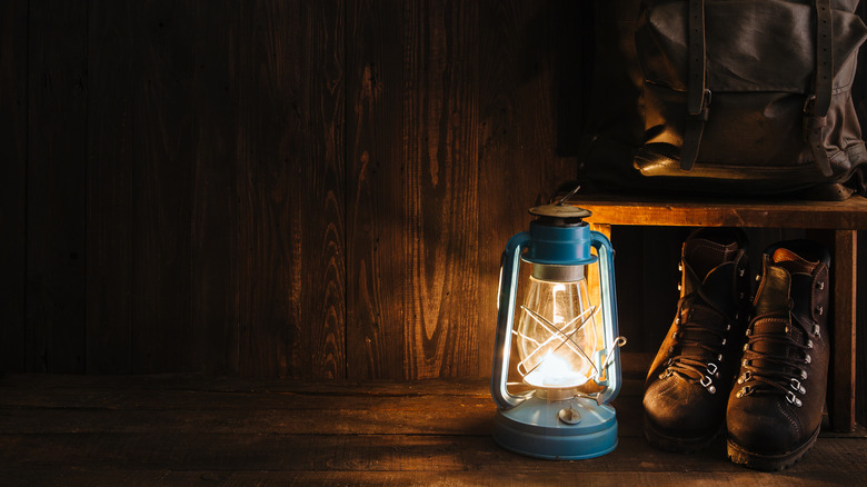 Nightlamp, hiking boots and backpack