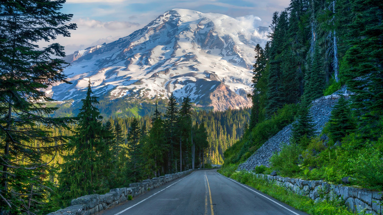 Mount Rainier looking majestic behind highway