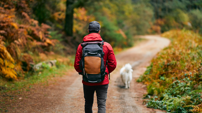 Man hiking with white dog