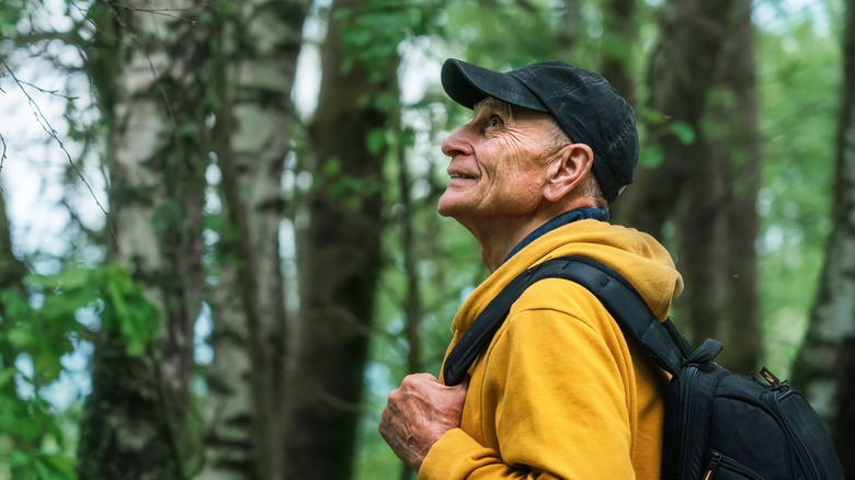 Mature hiker looking up in woods