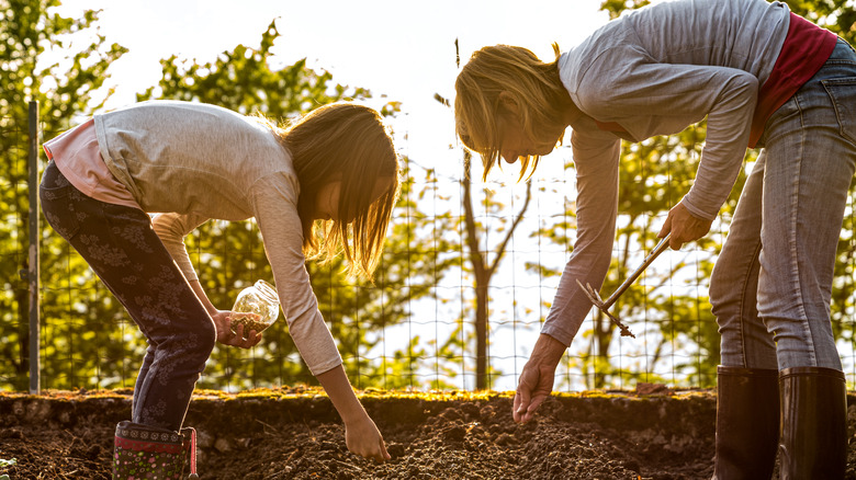 Mother and daughter planting seeds