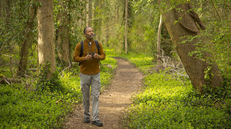 Birder walking on a forest trail with binoculars in hand