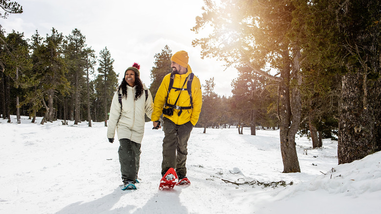 Couple hiking in winter, holding hands