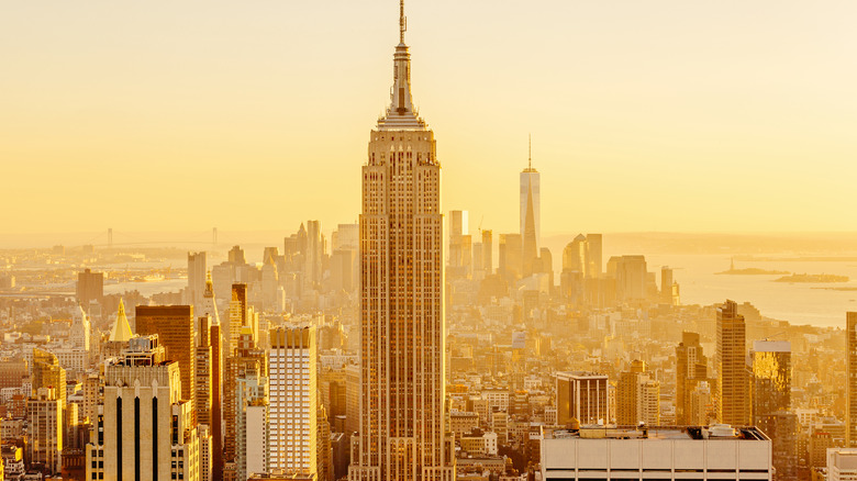 Yellow sky and city skyline