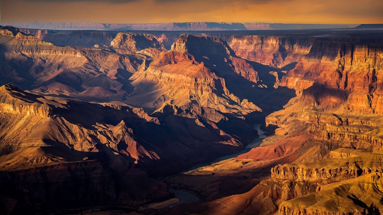 Sunrise at the Grand Canyon casting long shadows