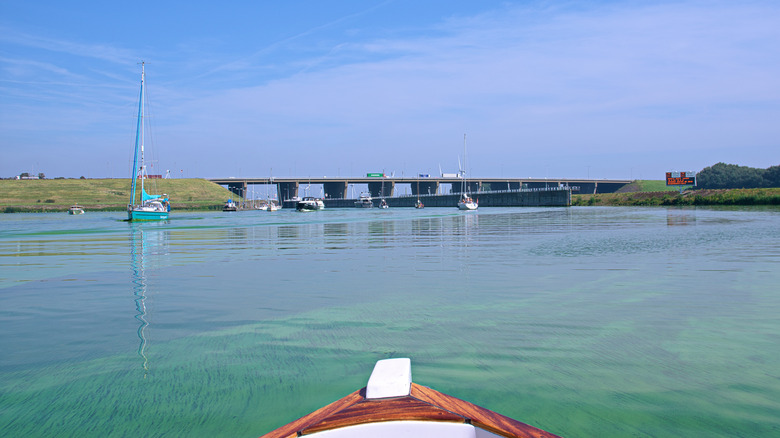 Tip of boat in blue-green algae water