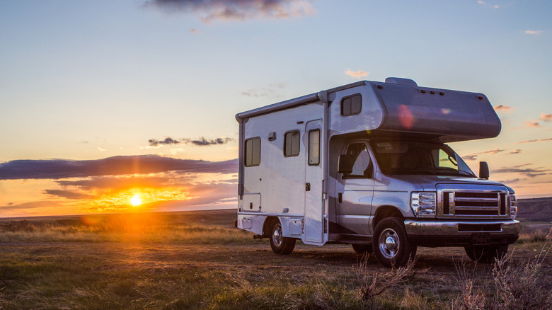 RV trailer at sunset