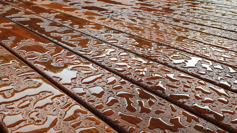 Water droplets on a stained wood deck